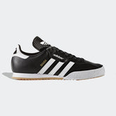 adidas Samba Super Men's Black Leather Trainers 019099 side view showing black leather upper with white 3-Stripes and extended tongue