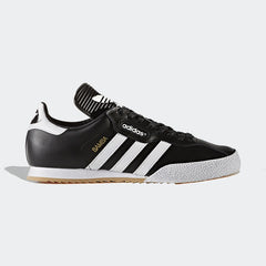 adidas Samba Super Men's Black Leather Trainers 019099 side view showing black leather upper with white 3-Stripes and extended tongue