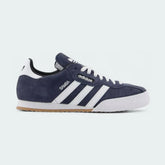 Adidas Samba Super Men's trainers in navy suede with white 3-Stripes and a gum sole, side profile showing the classic silhouette and suede T-toe.