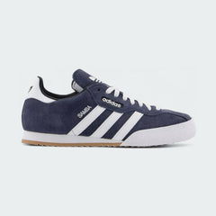 Adidas Samba Super Men's trainers in navy suede with white 3-Stripes and a gum sole, side profile showing the classic silhouette and suede T-toe.