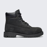 Timberland 6 Inch Premium Juniors' boots in black leather, side profile showing padded collar, lace-up design, and iconic tree logo.