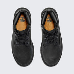 Top-down view of a pair of Timberland 6 Inch Premium Juniors' boots in black, highlighting the durable leather and lace-up system.