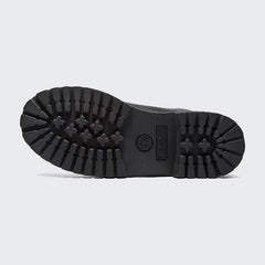 View of the outsole of the Timberland 6 Inch Premium Juniors' black boots, showing the rugged rubber lug pattern for superior traction.