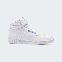 Reebok EX-O-FIT Hi Men's White Leather Trainers 3477 side view showing high-top leather upper and ankle strap