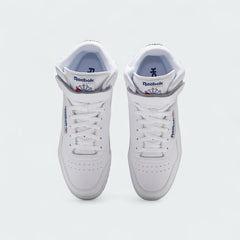Reebok EX-O-FIT Hi Men's White Leather Trainers 3477 top view showing laces, tongue, and padded ankle collar