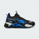 Puma RS-X x PlayStation Unisex trainers in black, side profile showing layered upper, thick sole with RS cushioning, and PlayStation logo.