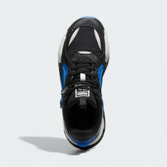 Top-down view of a pair of Puma RS-X x PlayStation Unisex trainers in black, highlighting the lace-up closure and co-branded tongue.