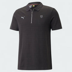 Puma Ferrari Style Jacquard Polo Men's in black, front view showing the classic collar, two-button placket, Ferrari badge, and Puma logo.