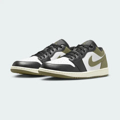 Angled side view of Air Jordan 1 Low Medium Olive Men's sneakers highlighting silhouette and colourway