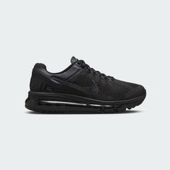 Nike Air Max 2013 Juniors' trainers in all black, side profile showing a full-length visible Max Air unit, a mesh upper, and wavy design lines