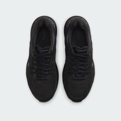 Top-down view of a pair of Nike Air Max 2013 Juniors' trainers in black, highlighting their sleek silhouette and lace-up closure.