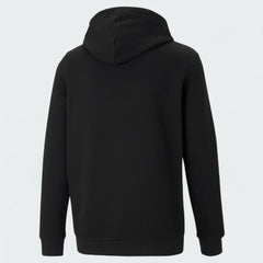 Puma Essential Small Logo Overhead Fleece Hoodie in black, back view showcasing the plain design and the hood.