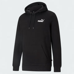 Puma Essential Small Logo Overhead Fleece Hoodie in black, front view showing a ribbed hood, a small Puma Cat Logo on the chest, and a kangaroo pocket.