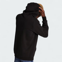 Puma Essential Small Logo Overhead Fleece Hoodie in black, back view being worn by a model showcasing the plain design and the hood.
