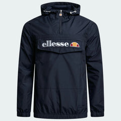 Ellesse Mont 2 Overhead Anorak Jacket Men's in navy, front view showing the hood, 1/4 zip closure, front pouch pocket, and Ellesse logos.