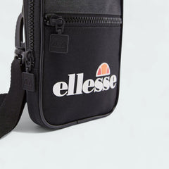 Close-up zoom on the fabric of the Ellesse Templeton Crossbody Bag in black, showing the polyester texture and the detailed Ellesse logo.