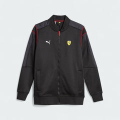Puma x Ferrari Race MT7 Track Jacket Men's in black, front view showing full-zip closure, stand-up collar, and embroidered Ferrari and Puma logos.