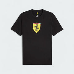 Puma x Ferrari Race Big Shield T-Shirt Men's in black, front view showing a classic crew neck and a large, bold Ferrari Scudetto badge on the chest.