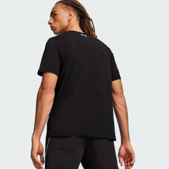 Puma x Ferrari Race Big Shield T-Shirt Men's in black, back view on a model showcasing the clean design and classic silhouette.