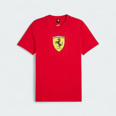 Alt Text: Puma x Ferrari Race Big Shield T-Shirt Men's in red, laydown front view showing a classic crew neck and a large, bold Ferrari Scudetto badge on the chest.