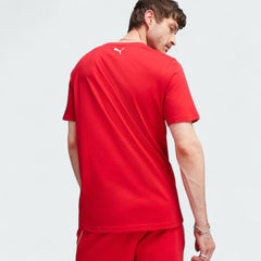 Puma x Ferrari Race Big Shield T-Shirt Men's in red, back view model worn showcasing the clean design and classic silhouette.