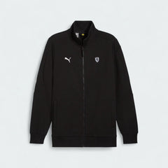 Puma x Ferrari Style MT7 Jacket Men's in black, front view showing full-zip closure, stand-up collar, and embroidered Ferrari and Puma logos.