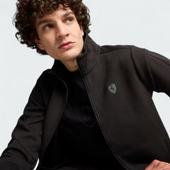 Puma x Ferrari Style MT7 Jacket Men's in black, zoomed in on a model showing the open zip and casual look
