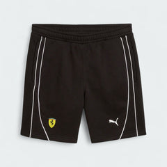 Puma x Ferrari Race Shorts Men's in black, front view showing the elastic waistband, drawcord, and embroidered Ferrari and Puma logos.