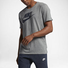 Nike Men's Futura Icon Tee Shirt in grey, front view showing the prominent white Nike Futura logo on the chest