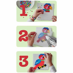 Collage of a person using a pegboard to create a colorful parrot design with numbers 1, 2, and 3 displayed.
