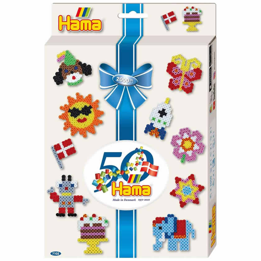 Packaging of Hama Iron On Beads 7102 50th Anniversary Celebration Set featuring various crafted bead designs on a white background.