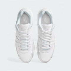 Top-down view of a pair of Nike Air Max Command Men's leather trainers in white, highlighting their classic silhouette and lace-up closure.