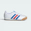 Highlights the high-velocity sweep of the Blue and Better Scarlet serrated 3-Stripes and the professional, velvety depth of the white suede panels leading to the low-profile gum sole.
