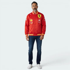 Focuses on the locked-in button up closure and the professional embroidered Ferrari logo.