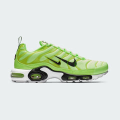 Side profile of Nike Air Max Plus Men's "Lime Blast" trainers, showcasing the vibrant lime and black colourway, visible Tuned Air unit, and wavy upper design.
