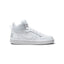 Lateral view showing the all-white mid-top silhouette, featuring smooth leather overlays, perforated side panels, a tonal stitched Nike Swoosh, padded mesh collar, and clean white rubber midsole sidewalls.