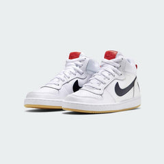 Nike Court Borough Mid Juniors White Trainers 839977-107 angled view showing perforated toe box and classic basketball-inspired silhouette