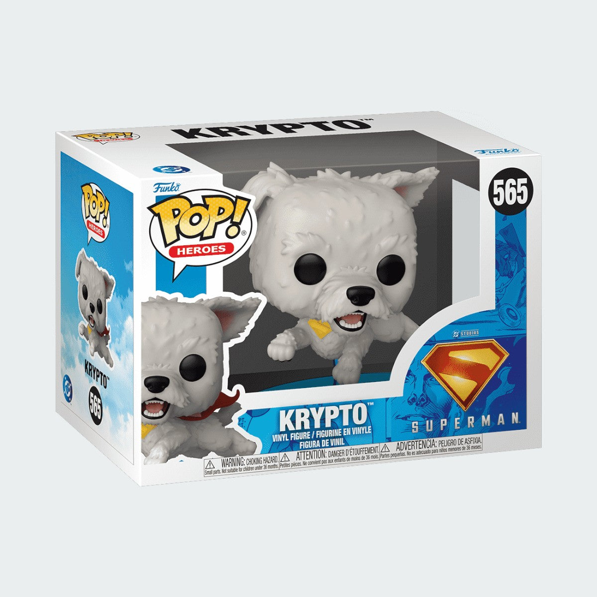 Funko Pop! Heroes DC Superman Krypto #565 vinyl figure in window display box, showing the white dog wearing a red cape.