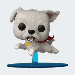 Funko Pop! Krypto the Superdog #565 vinyl figure, front view, highlighting his white fur, classic red cape, and iconic stance.