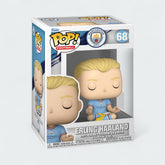 Funko Pop! Football Erling Haaland #68 vinyl figure in window display box, showing Haaland in a Manchester City kit.