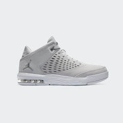 Jordan Flight Origin 4 Men's basketball shoes in wolf grey and cool grey, side profile showing leather/synthetic upper, visible Air-Sole unit in heel, and classic Jumpman logo.