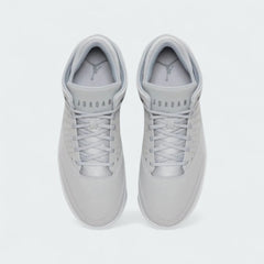 Top-down view of a pair of Jordan Flight Origin 4 Men's basketball shoes in grey, highlighting their structured silhouette and lace-up closure.