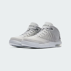 Angled view of two Jordan Flight Origin 4 Men's grey basketball shoes, side by side, showcasing their iconic design and bold profile.