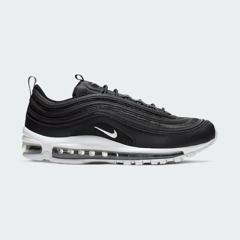 Nike Air Max 97 Men's Trainers 921826-001 side view showing black ripple design and full-length Air unit