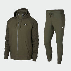 Nike NSW Optic Tracksuit in olive green, front view showing the full-zip hoodie and matching tapered pants.