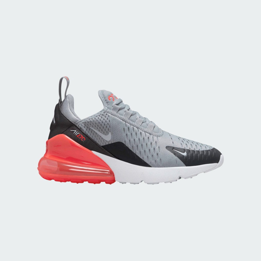 Nike Air Max 270 Juniors' trainers in grey, side profile showing prominent 270-degree visible Max Air unit and mesh upper.