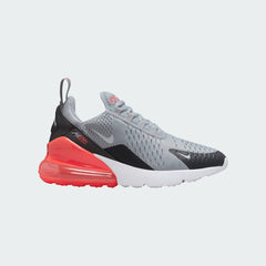 Nike Air Max 270 Juniors' trainers in grey, side profile showing prominent 270-degree visible Max Air unit and mesh upper.