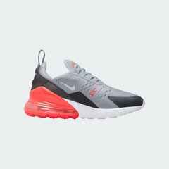 Nike Air Max 270 Juniors' trainers in grey, inside view side profile showing prominent 270-degree visible Max Air unit and mesh upper.