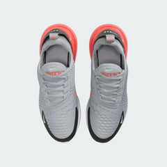 Top-down view of a pair of Nike Air Max 270 Juniors' trainers in grey, highlighting their sleek silhouette and lace-up closure.
