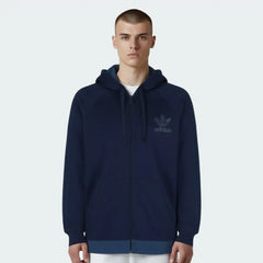 Adidas Men's Trefoil Fleece Hooded Track Jacket in collegiate navy, front view showing the full-zip, hood, contrast three stripes on the sleeves, and Trefoil logo on the chest.